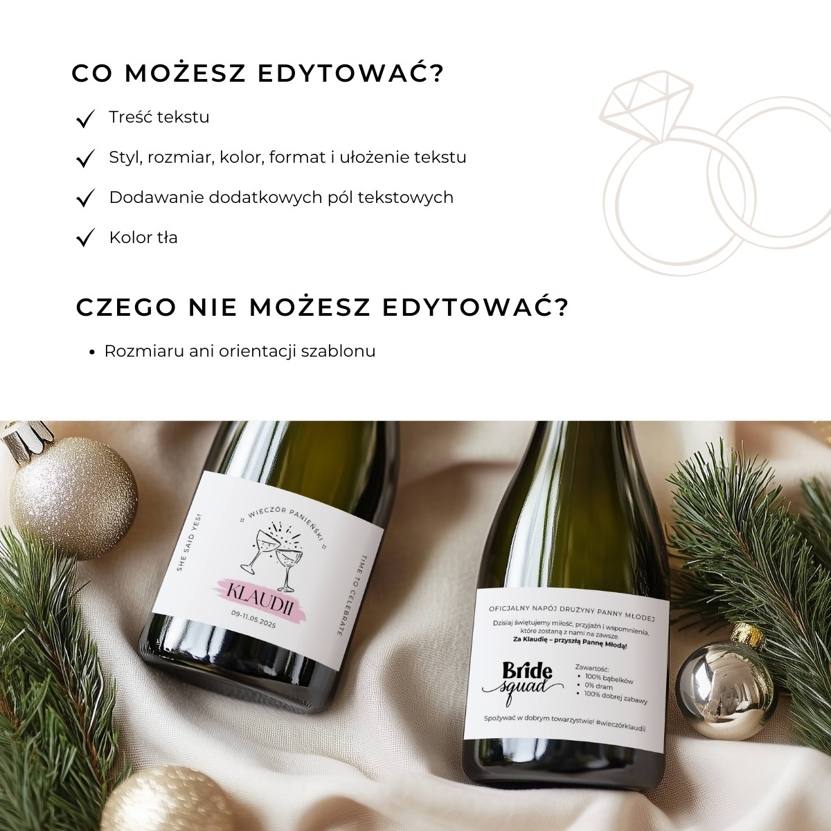 Lista możliwości edycji w Canvie – szablon etykiety na szampana