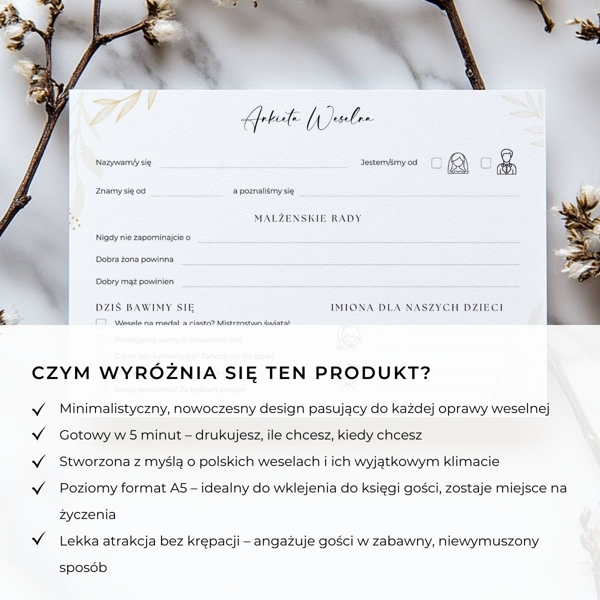 Wyróżniki ankiety weselnej PDF – poziomy format A5, polska stylistyka, estetyczny design.