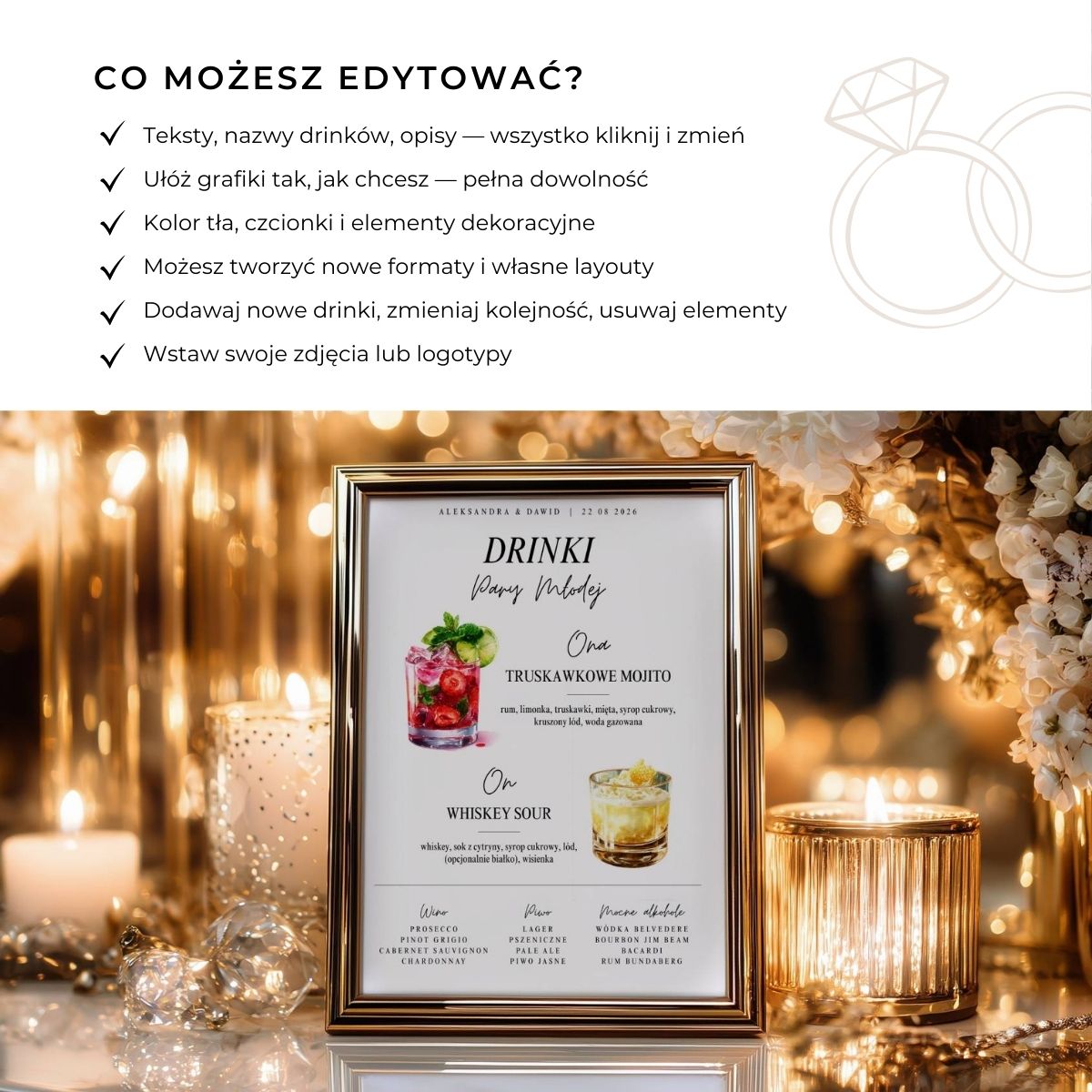 Szablon wedding bar menu Canva – pełna edycja tekstów, grafik i układu.