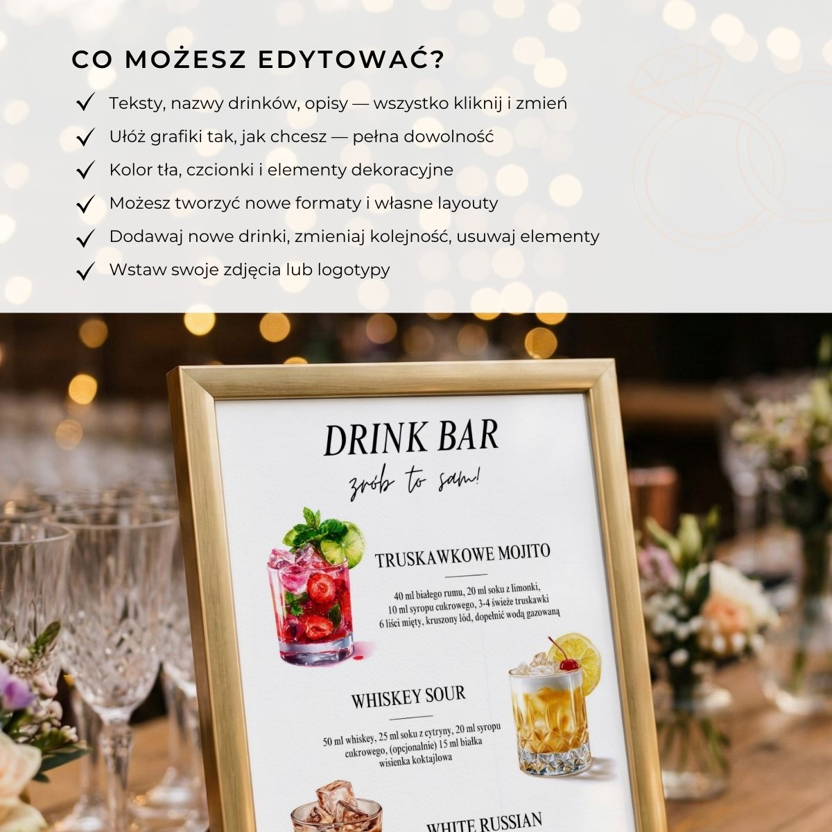 Możliwości edycji szablonu drink bar: teksty, przepisy, layout, kolory, ilość drinków, dodawanie logo.