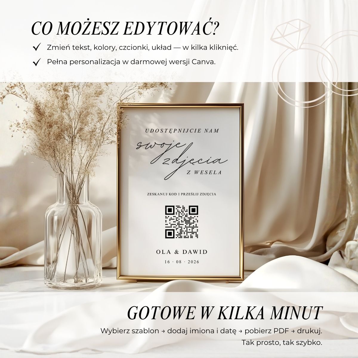 Tablica z kodem QR i informacją o pełnej edycji tekstów, kolorów i układu w Canva.