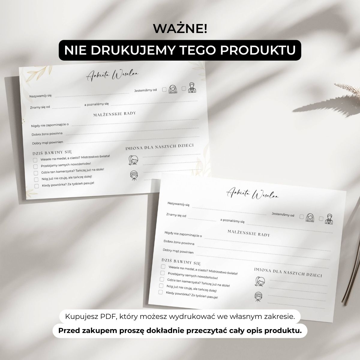 Ostrzeżenie – ankieta weselna to produkt cyfrowy, nie fizyczny.