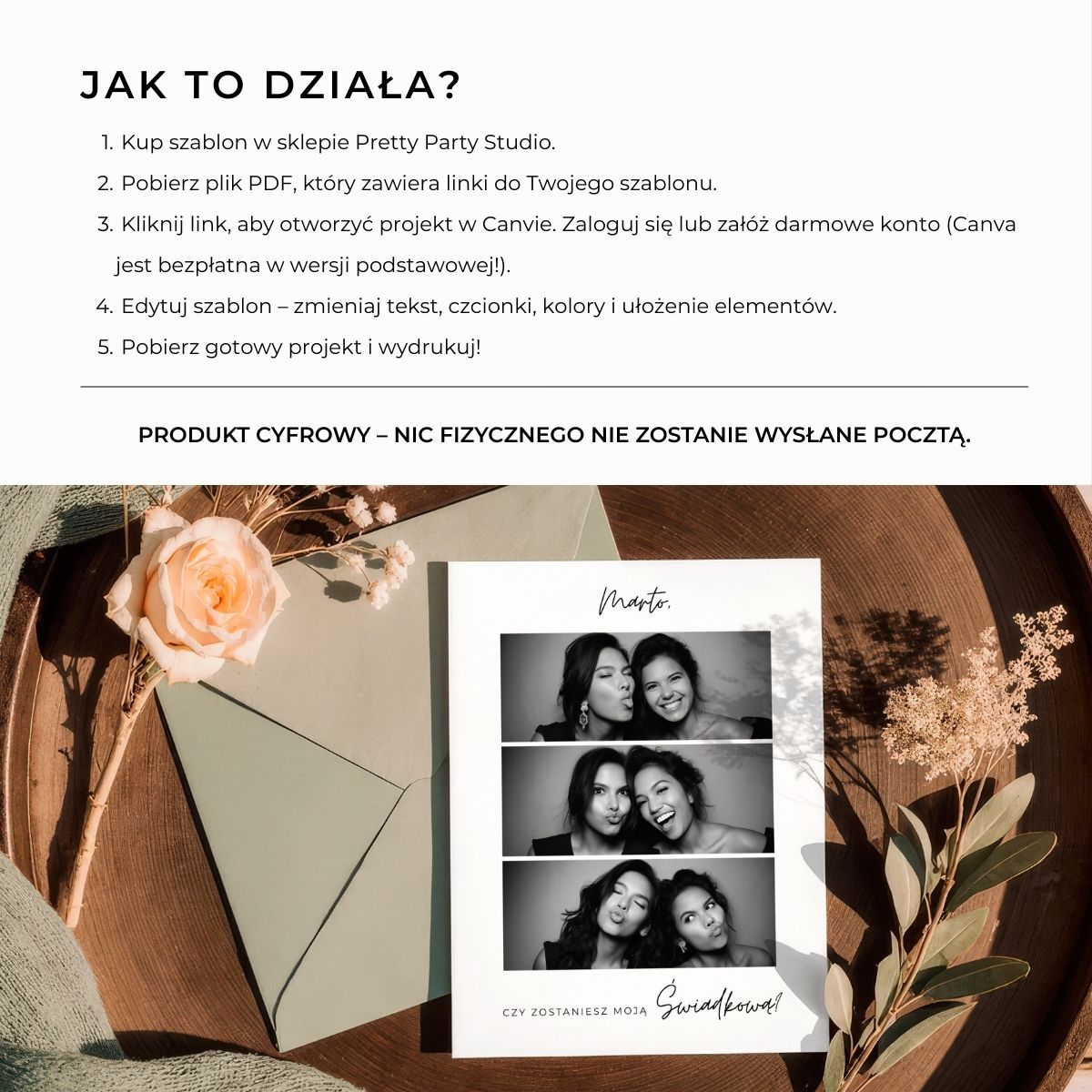 Instrukcja korzystania z szablonu karty świadkowej w Canva – krok po kroku.