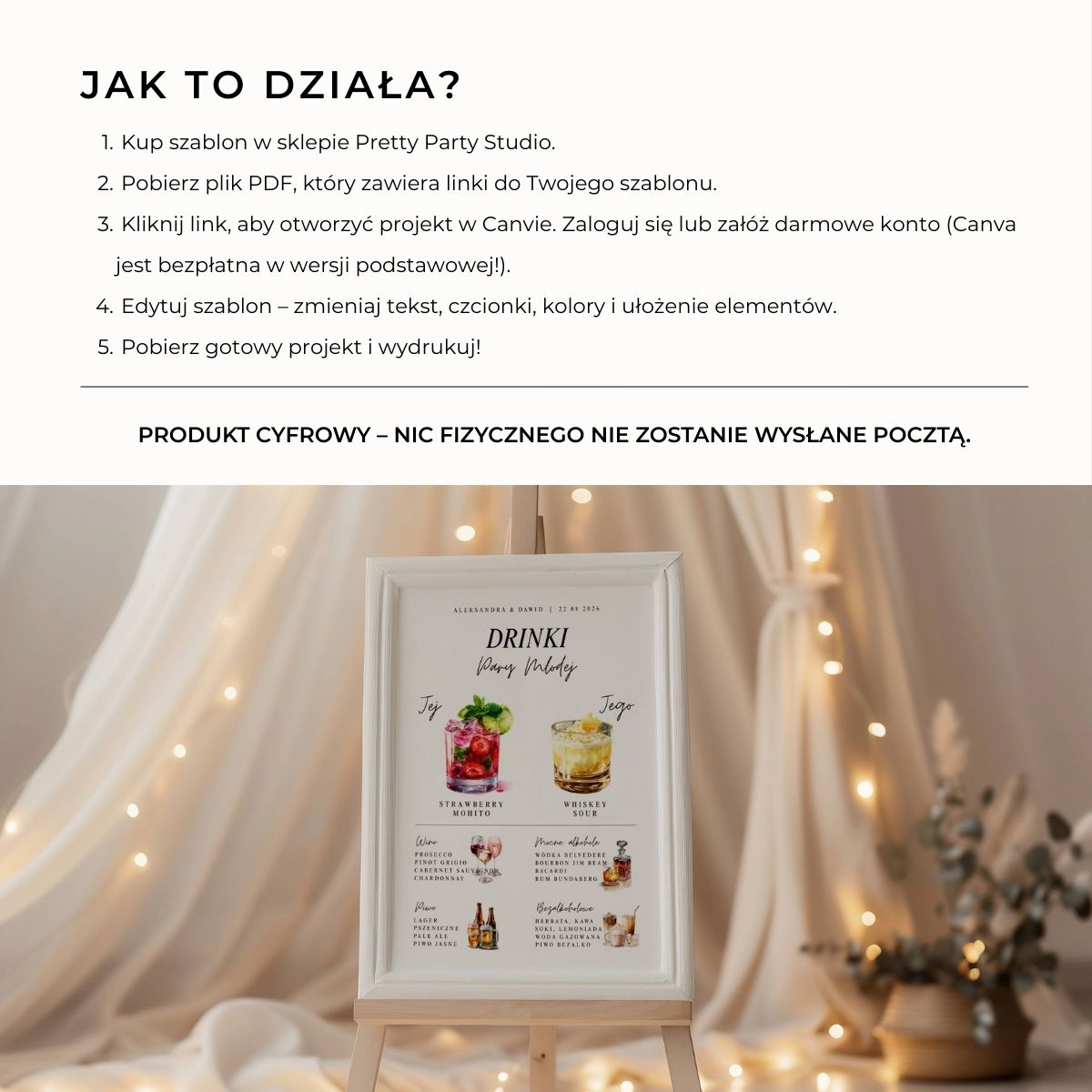 Instrukcja korzystania z szablonu wedding bar menu Canva krok po kroku.