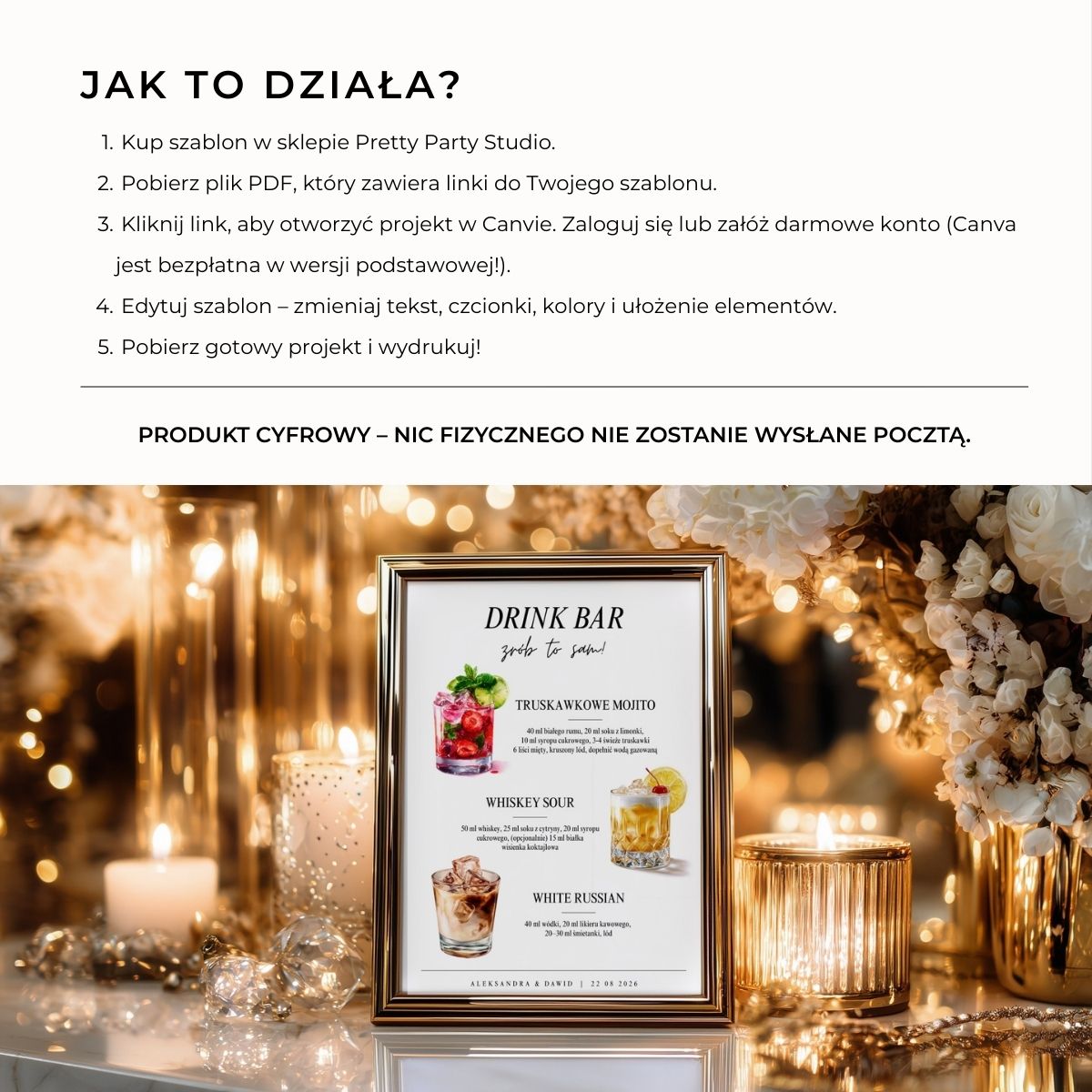 Instrukcja: kup szablon, pobierz PDF z linkami, edytuj w Canvie i wydrukuj.