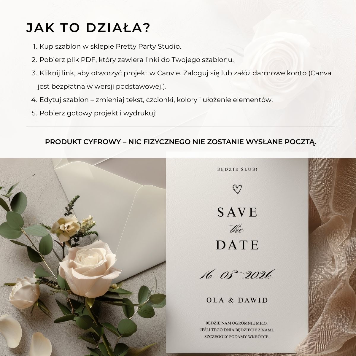 Instrukcja korzystania z szablonu Save the Date: zakup, pobranie PDF, otwarcie w Canvie, edycja i druk.