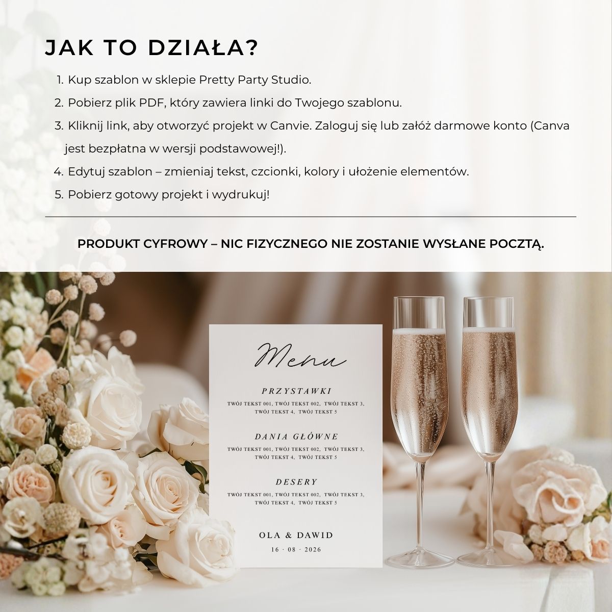 Instrukcja krok po kroku: kup, pobierz PDF z linkiem, otwórz w Canva, edytuj i drukuj.