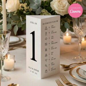 Tabliczka weselna 3w1 w formie stojącego trójkąta na elegancko udekorowanym stole