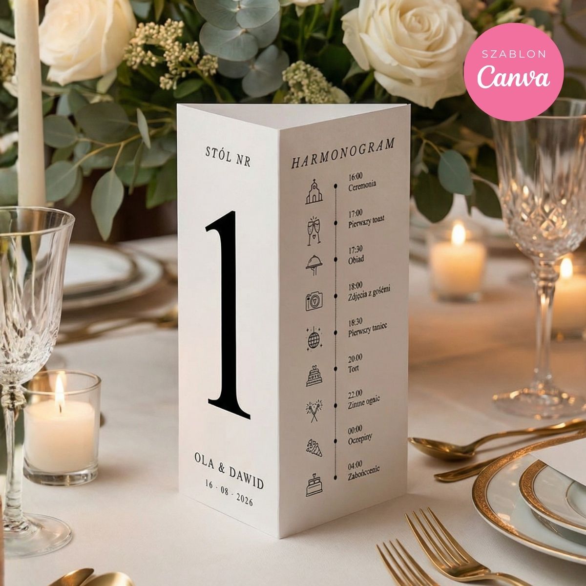 Tabliczka weselna 3w1 w formie stojącego trójkąta na elegancko udekorowanym stole