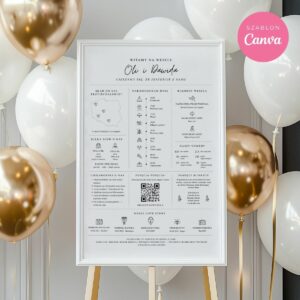 Infografika powitalna na wesele — elegancki plakat Canva z ikonami