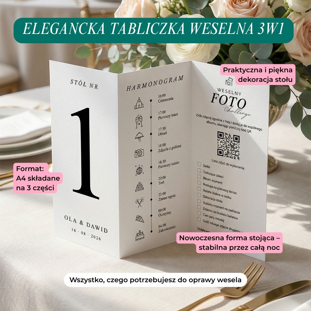 Trójstronny stojak weselny 3w1 z harmonogramem i foto challenge na stole weselnym