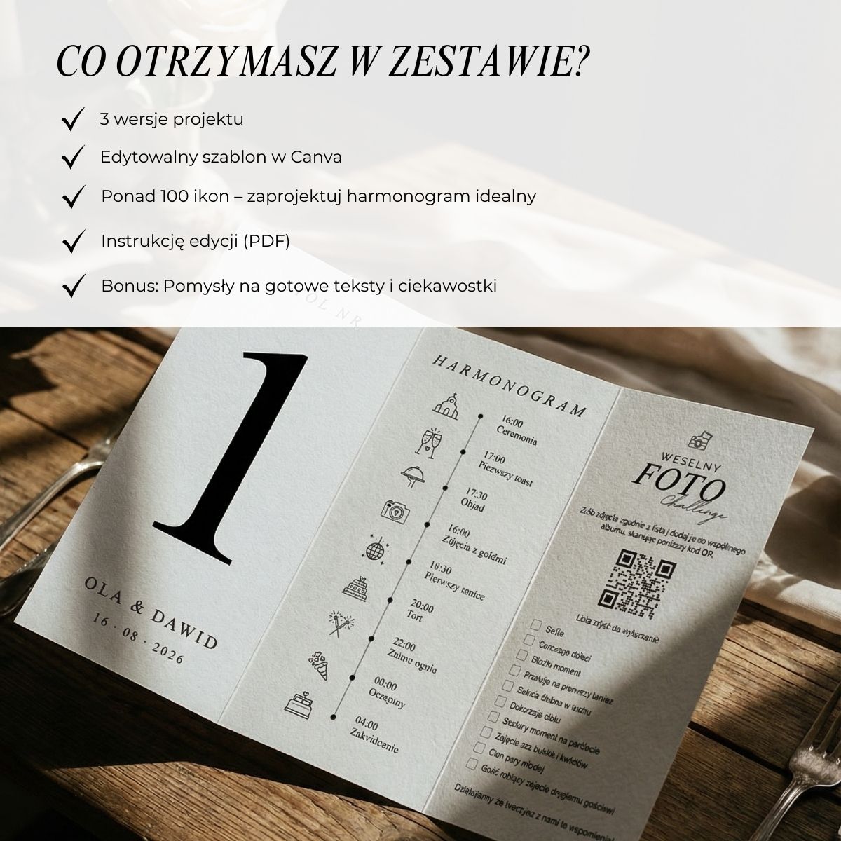 Zestaw elementów stojącej tabliczki weselnej 3w1 — menu, harmonogram i foto challenge