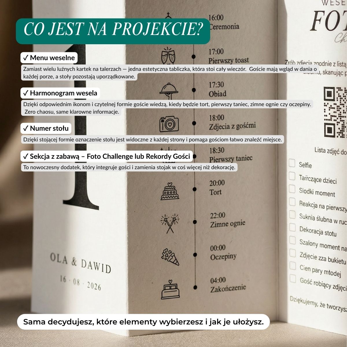 Zbliżenie na panel harmonogramu i opis funkcji tabliczki weselnej 3w1