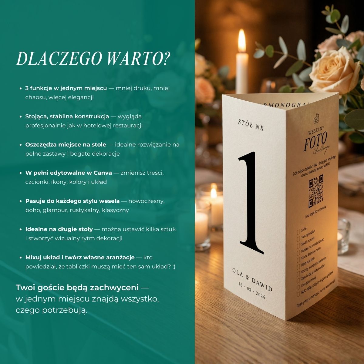 Argumenty, dlaczego warto wybrać tabliczkę weselną 3w1 i stojak z numerem stołu