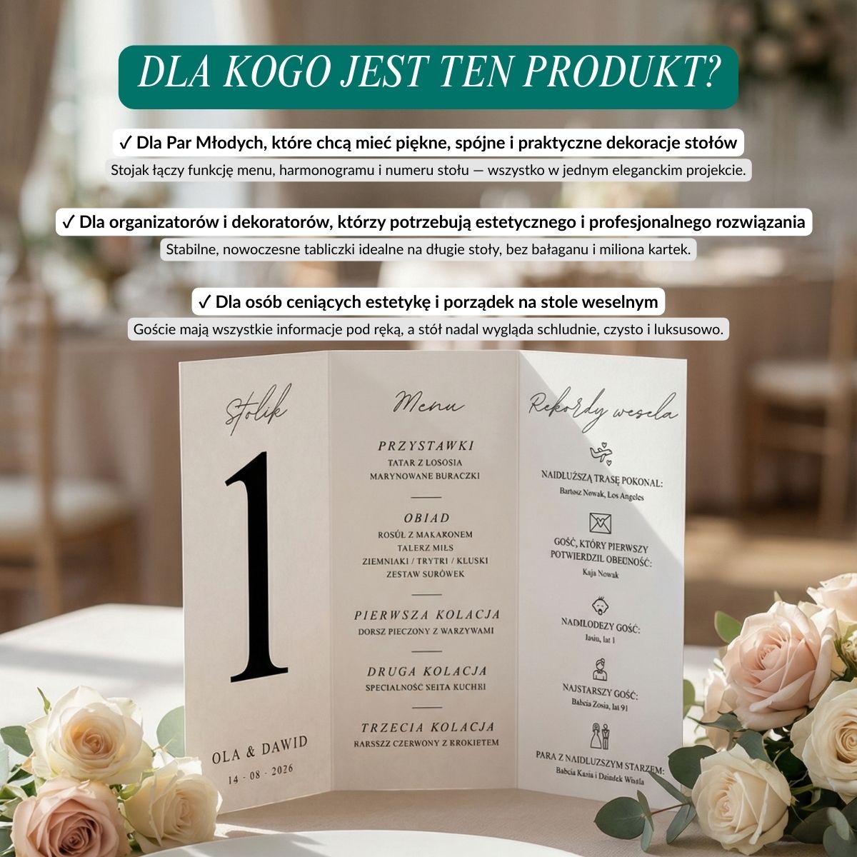 Tabliczka weselna 3w1 z menu i harmonogramem przedstawiona na stole; lista odbiorców produktu