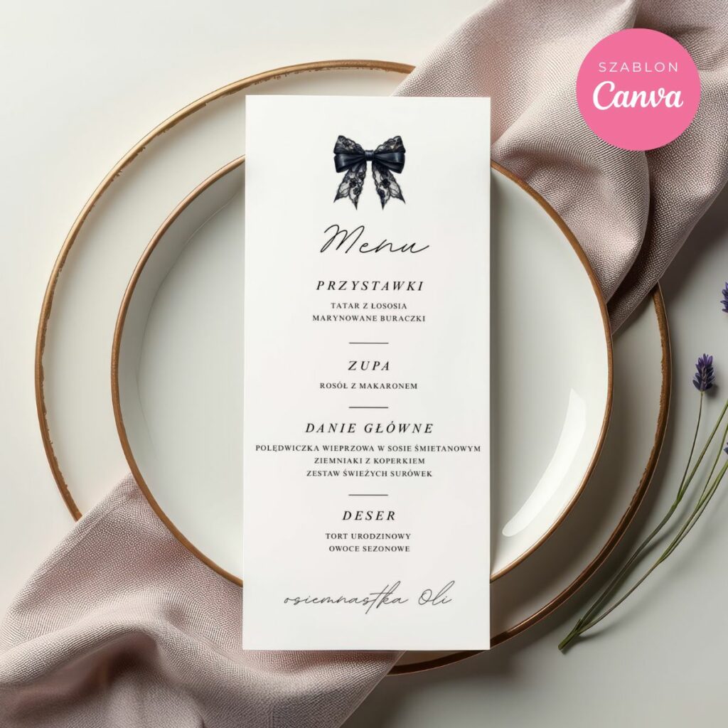 Menu na 18 urodziny do druku – czarny szablon Canva w formacie DL