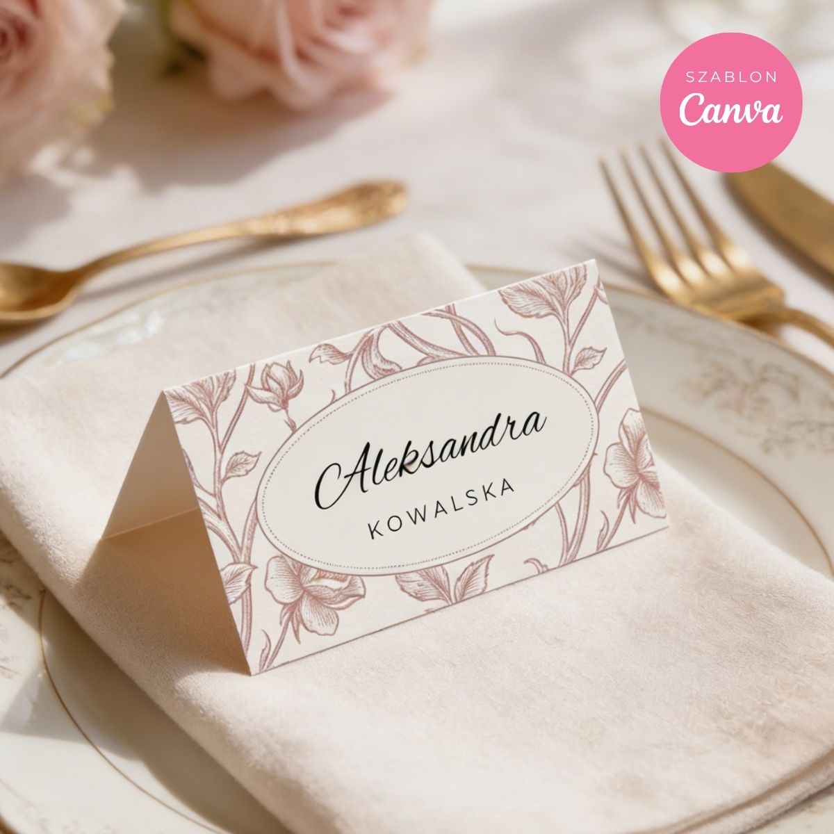elegancka winietka imienna na talerzu, styl vintage, różowe kwiaty, winietki na wieczór panieński do druku Canva