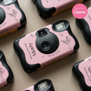 różowe owijki na aparat jednorazowy Kodak personalizowane Canva wieczór panieński dekoracje