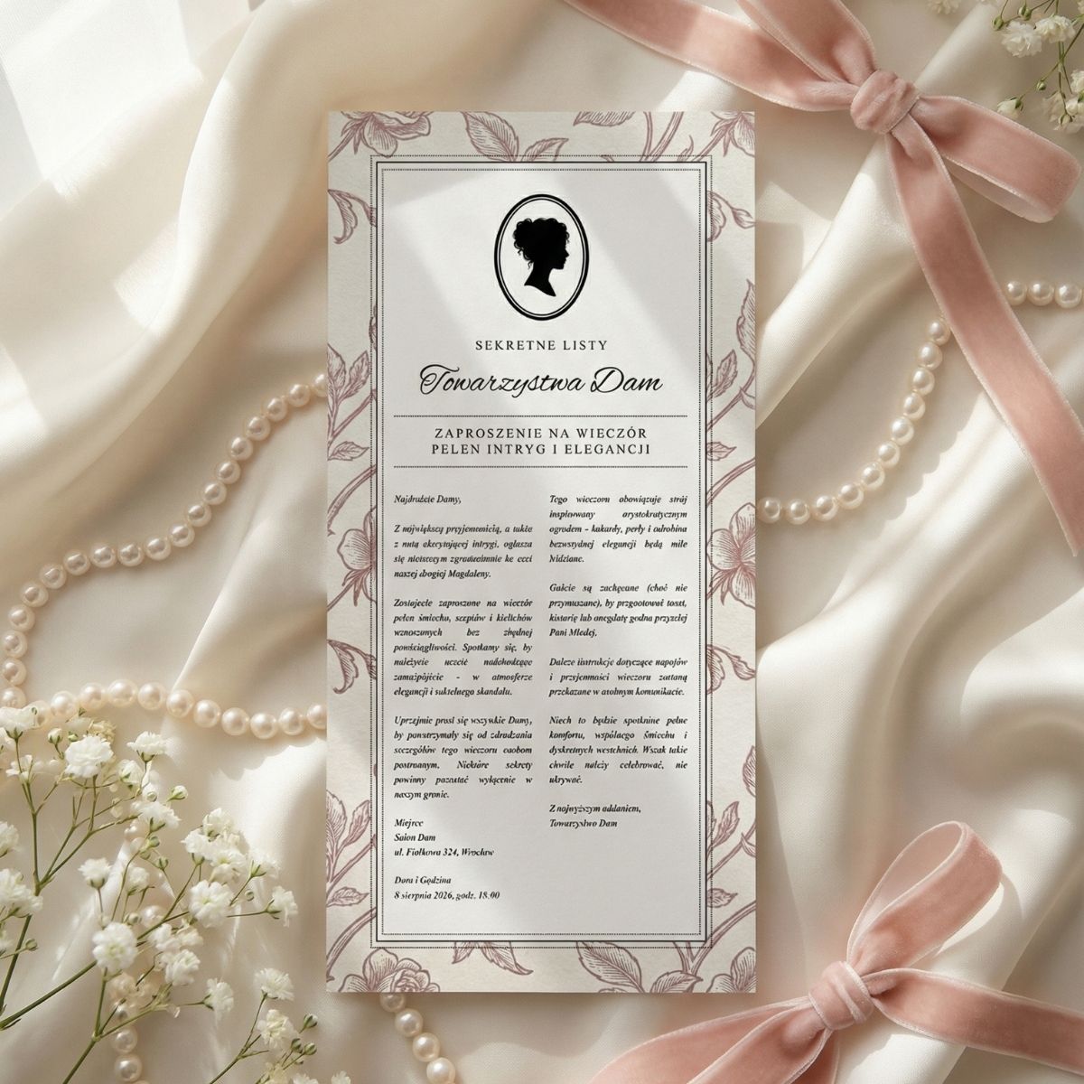 zaproszenie na wieczór panieński w klimacie Bridgertonów do edycji Canva