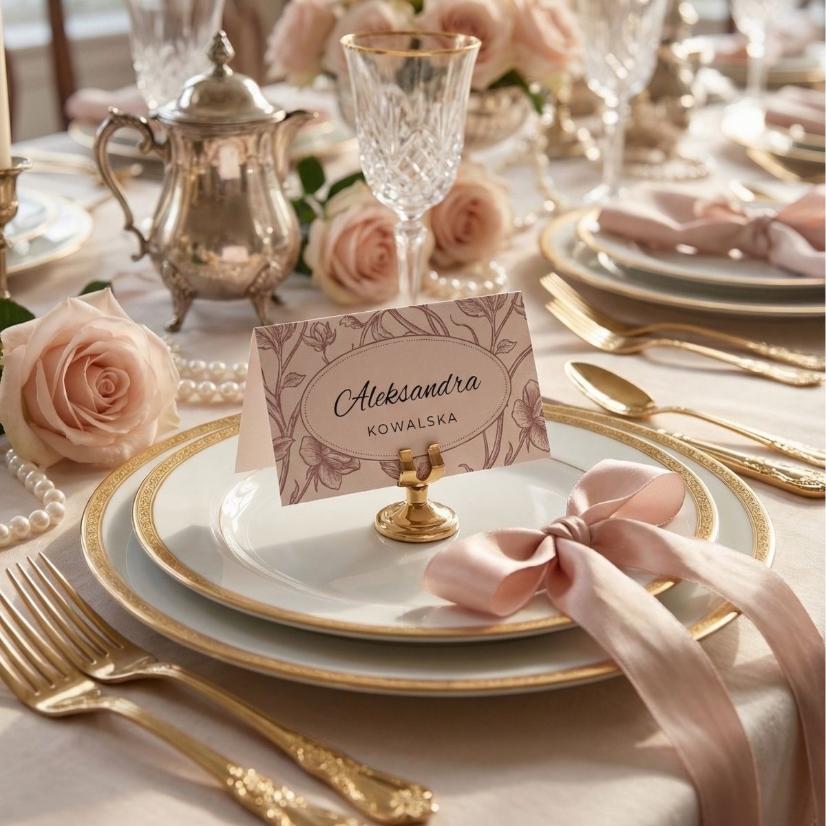 winietki na stół premium ze złotą zastawą i różami, eleganckie winietki na przyjęcie do druku