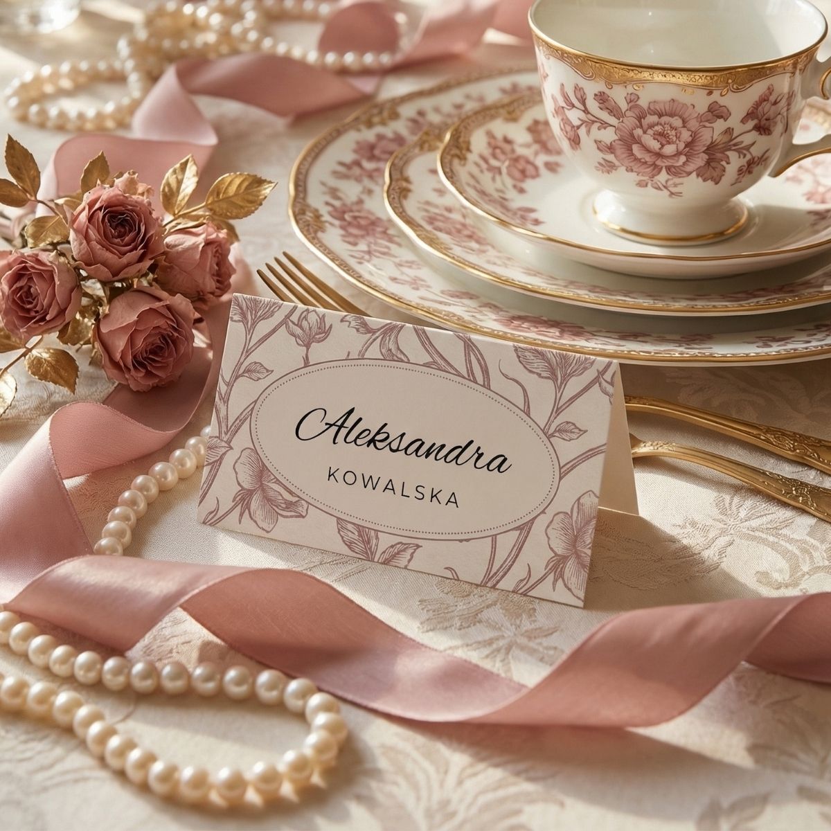 winietki na stół z perłami i różową wstążką, eleganckie winietki na urodziny i panieński