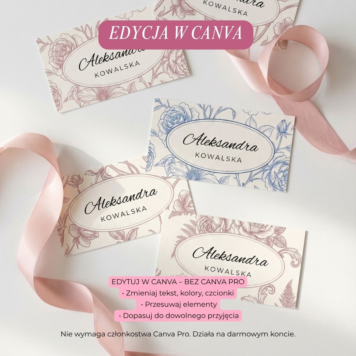 edytowalne winietki Canva różne wersje kolorystyczne, personalizacja winietek imiennych