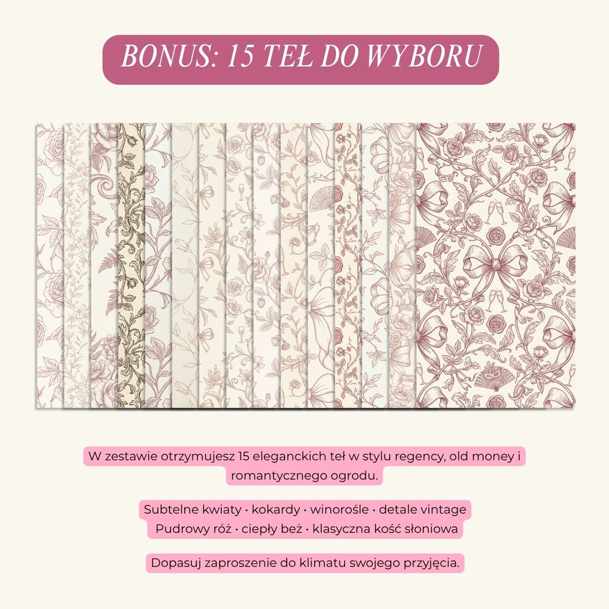 zestaw eleganckich teł do Canva kwiaty vintage różowe, bonus do zaproszeń i winietek
