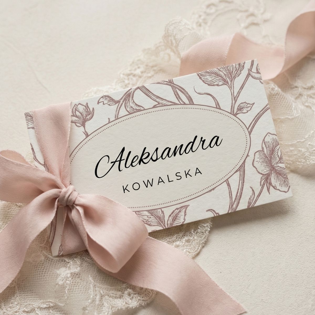 winietki z różową kokardą i perłami, eleganckie winietki na przyjęcie do druku