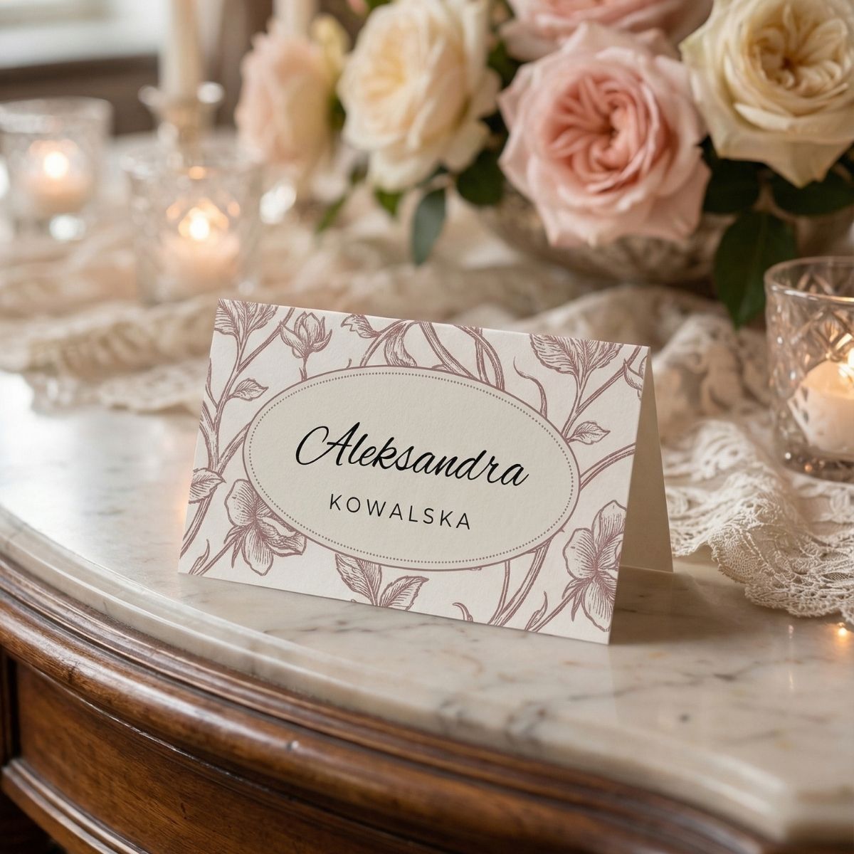 winietka na komodzie z kwiatami i świecami, styl vintage przyjęcie eleganckie