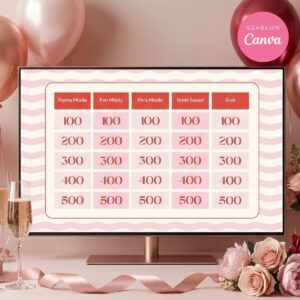 plansza gry Jeopardy na wieczór panieński w stylu różowym, edytowalny szablon Canva