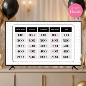 Plansza gry Jeopardy w stylu czarnej kokardy wyświetlona na telewizorze, kategorie i punktacja od 100 do 500 na jasnym tle