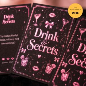 Zbliżenie na czarną kartę gry Drink & Secrets z błyszczącymi, różowymi detalami i napisem "DO POBRANIA PDF".