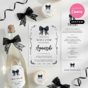 elegancki zestaw na wieczór panieński do druku czarna kokarda dekoracje gry zaproszenia