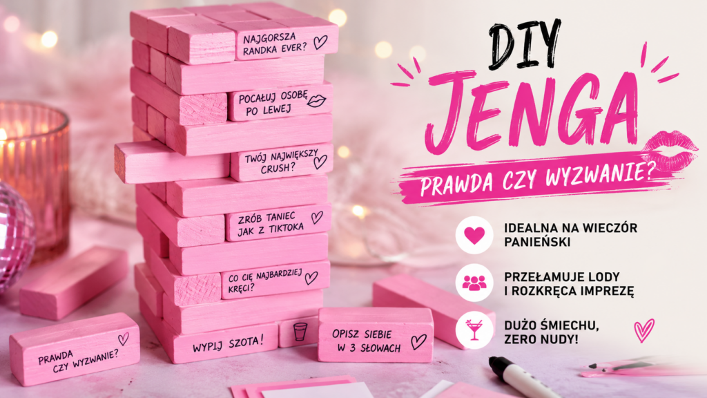 Różowa Jenga DIY na wieczór panieński z napisami „Prawda czy Wyzwanie”, ustawiona na jasnym stole w imprezowej aranżacji. Na klockach znajdują się pytania i wyzwania, a obok widać marker, świeczkę i dekoracje w różowym klimacie.