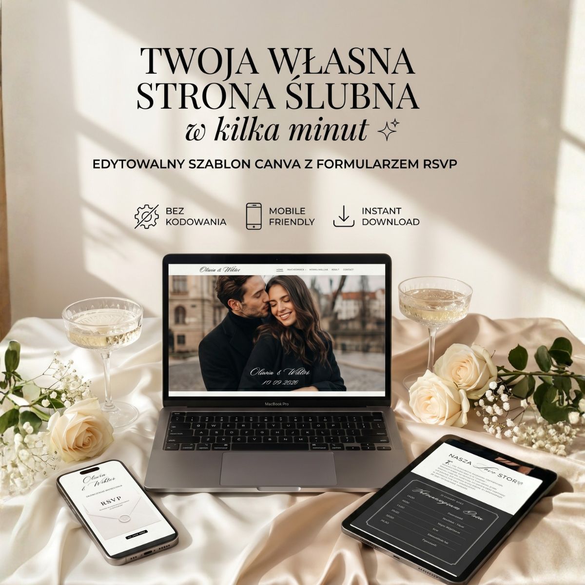 Responsywna strona ślubna z formularzem RSVP do edycji w Canva bez kodowania, wyświetlona na laptopie, tablecie i telefonie w jasnej estetyce.