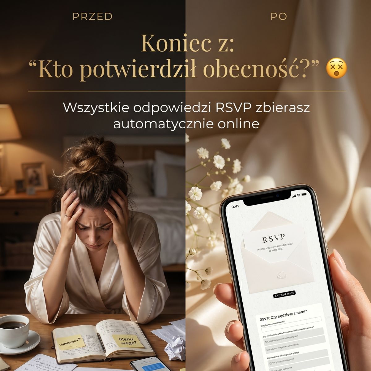 Porównanie: zestresowana panna młoda z notesem kontra dłoń trzymająca smartfon z automatycznym formularzem RSVP online na stronie weselnej.