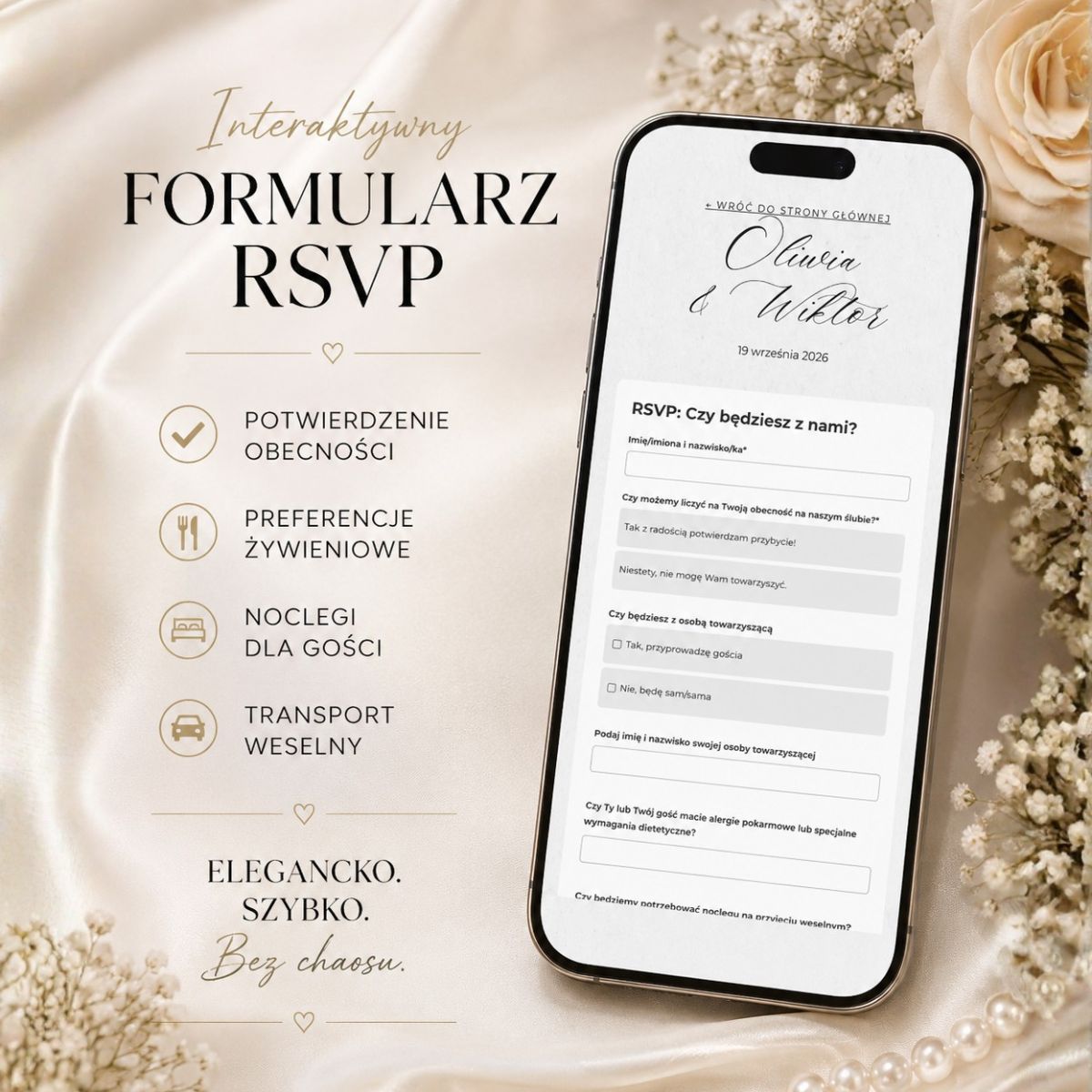 Ekran smartfona wyświetlający interaktywny formularz RSVP na ślub, zbierający potwierdzenia, preferencje żywieniowe, noclegi i dojazd.