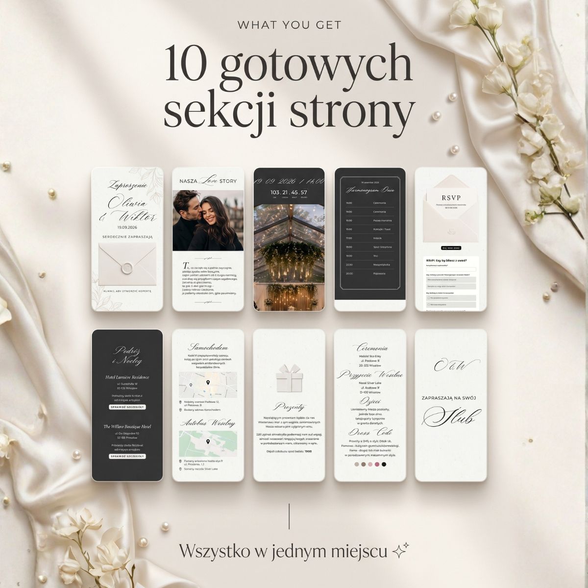 Kolaż dziesięciu ekranów telefonu prezentujących gotowe sekcje strony ślubnej: zaproszenie, love story, harmonogram, dojazd i prezenty.