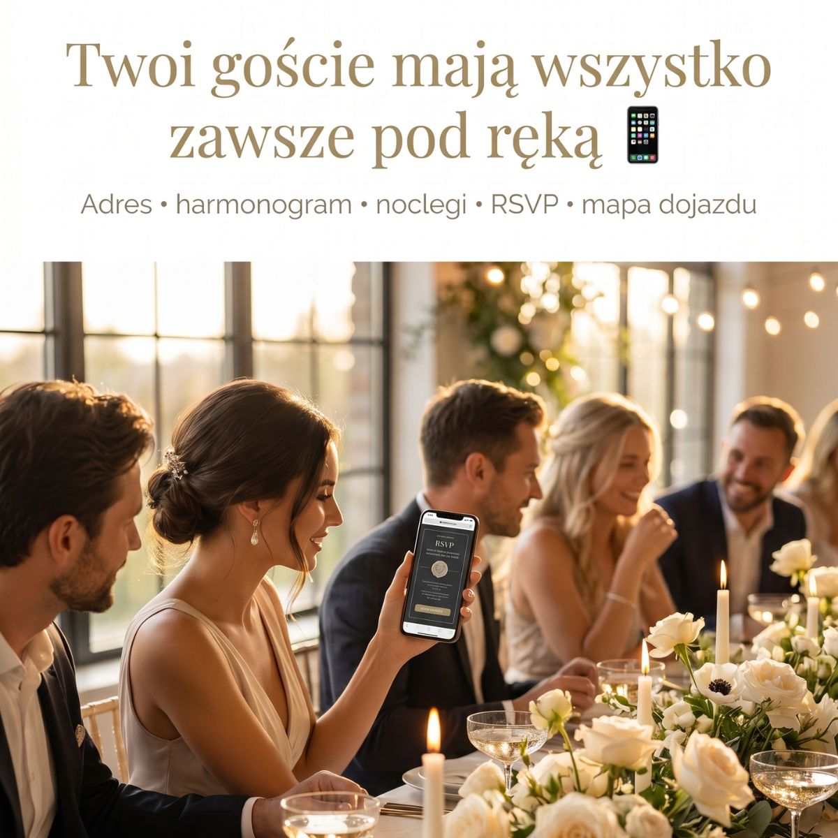 Uśmiechnięci goście weselni siedzący przy stole z białymi kwiatami, z których jedna osoba sprawdza harmonogram ślubu na smartfonie.
