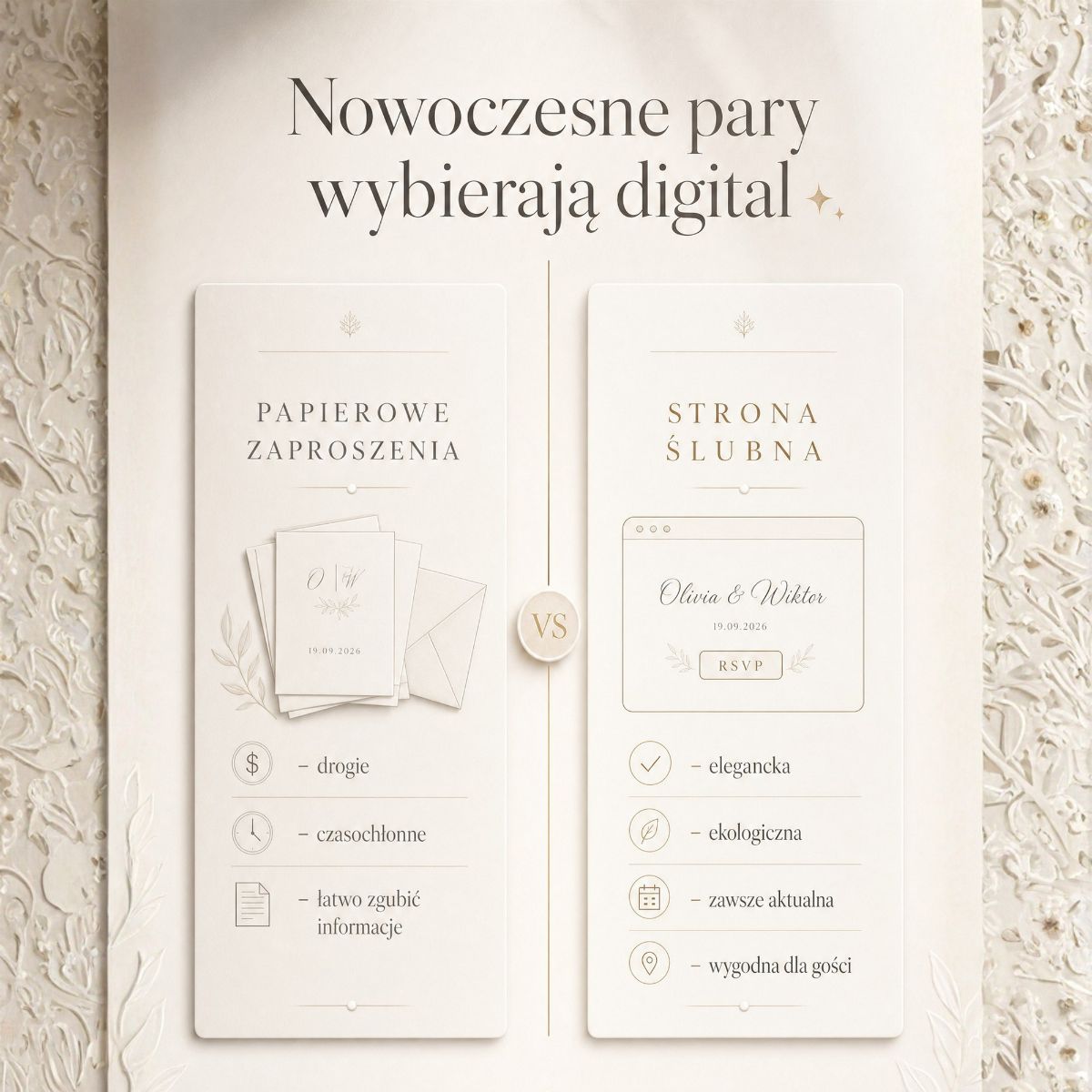 Infografika zestawiająca drogie i czasochłonne papierowe zaproszenia z elegancką, ekologiczną i łatwą do aktualizacji cyfrową stroną ślubną.