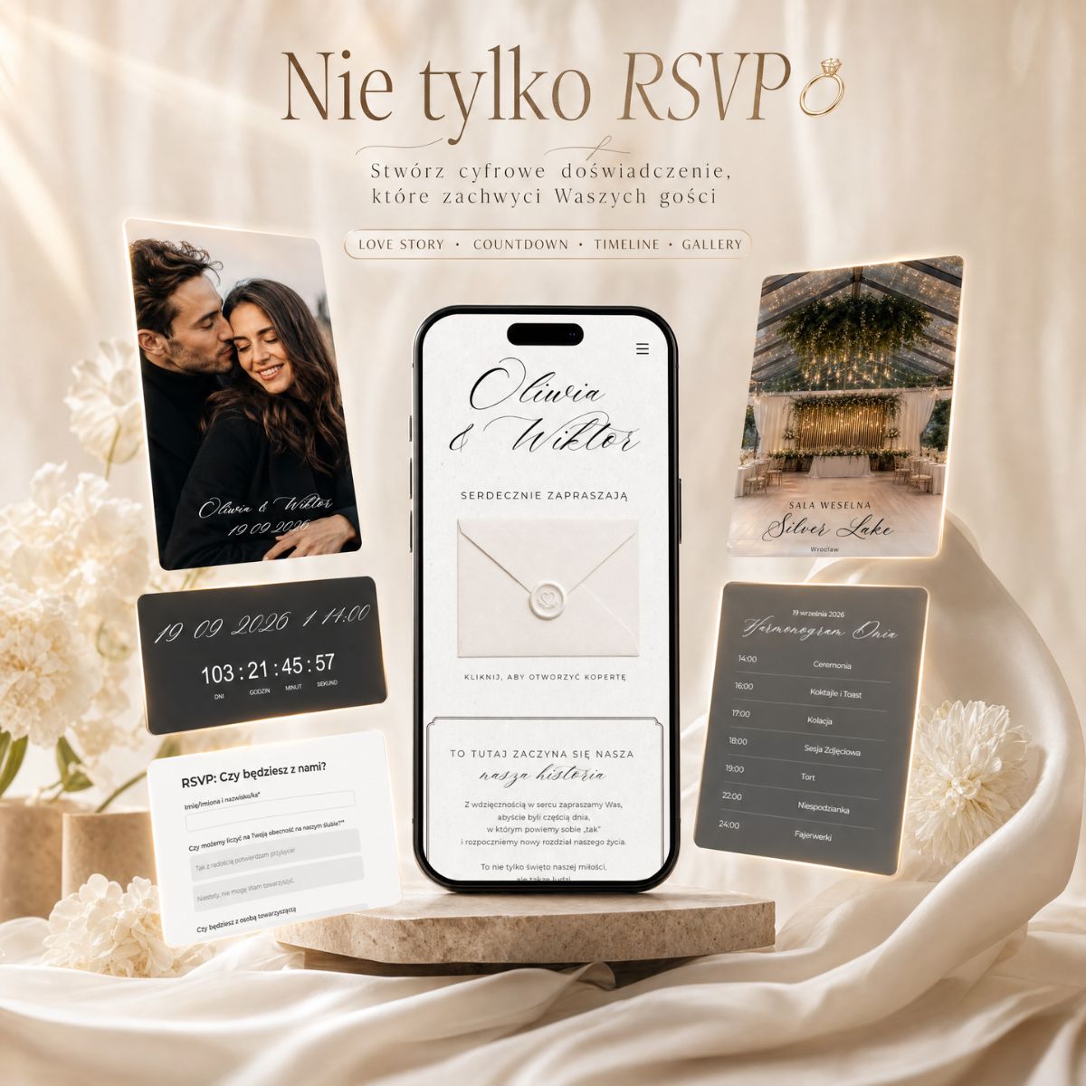 Unoszące się ekrany aplikacji z nowoczesną stroną ślubną pokazujące moduły: licznik czasu, love story, wirtualną galerię zdjęć par i menu.