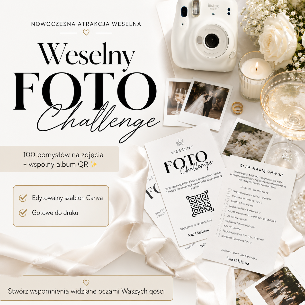 Grafika reklamowa gry Weselny Foto Challenge z aparatem Instax, szampanem i informacją o szablonie Canva.