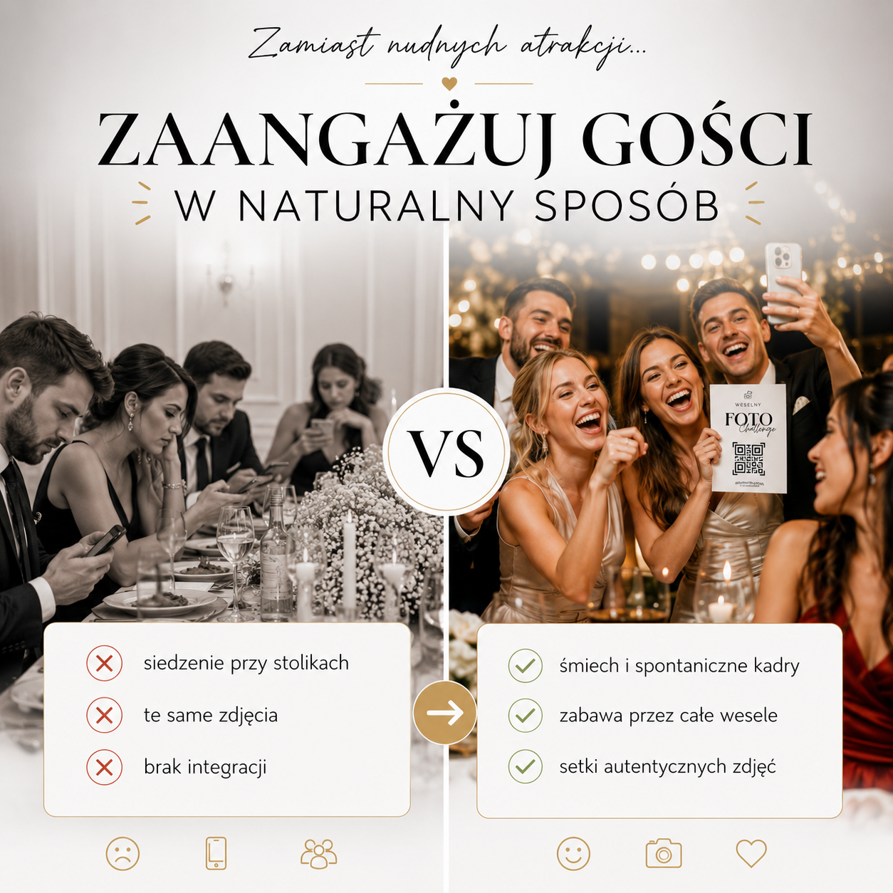 Porównanie tradycyjnych atrakcji weselnych z grą Foto Challenge angażującą gości weselnych do wspólnej zabawy.