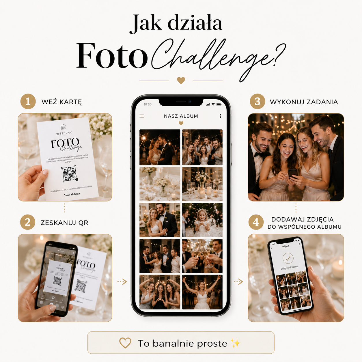 Instrukcja krok po kroku jak działa gra weselna z kodem QR na telefon dla gości ślubnych.