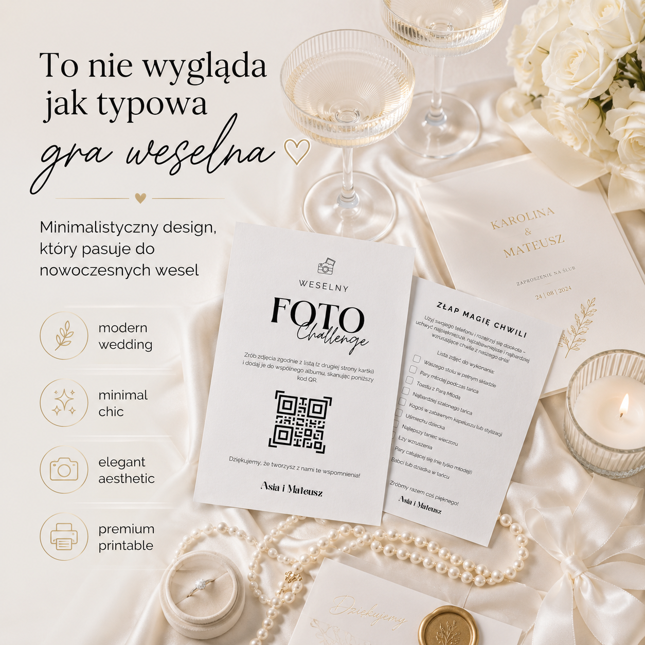 Nowoczesna gra weselna w stylu minimal chic z elegancką czcionką, leżąca obok pereł i zaproszeń ślubnych.