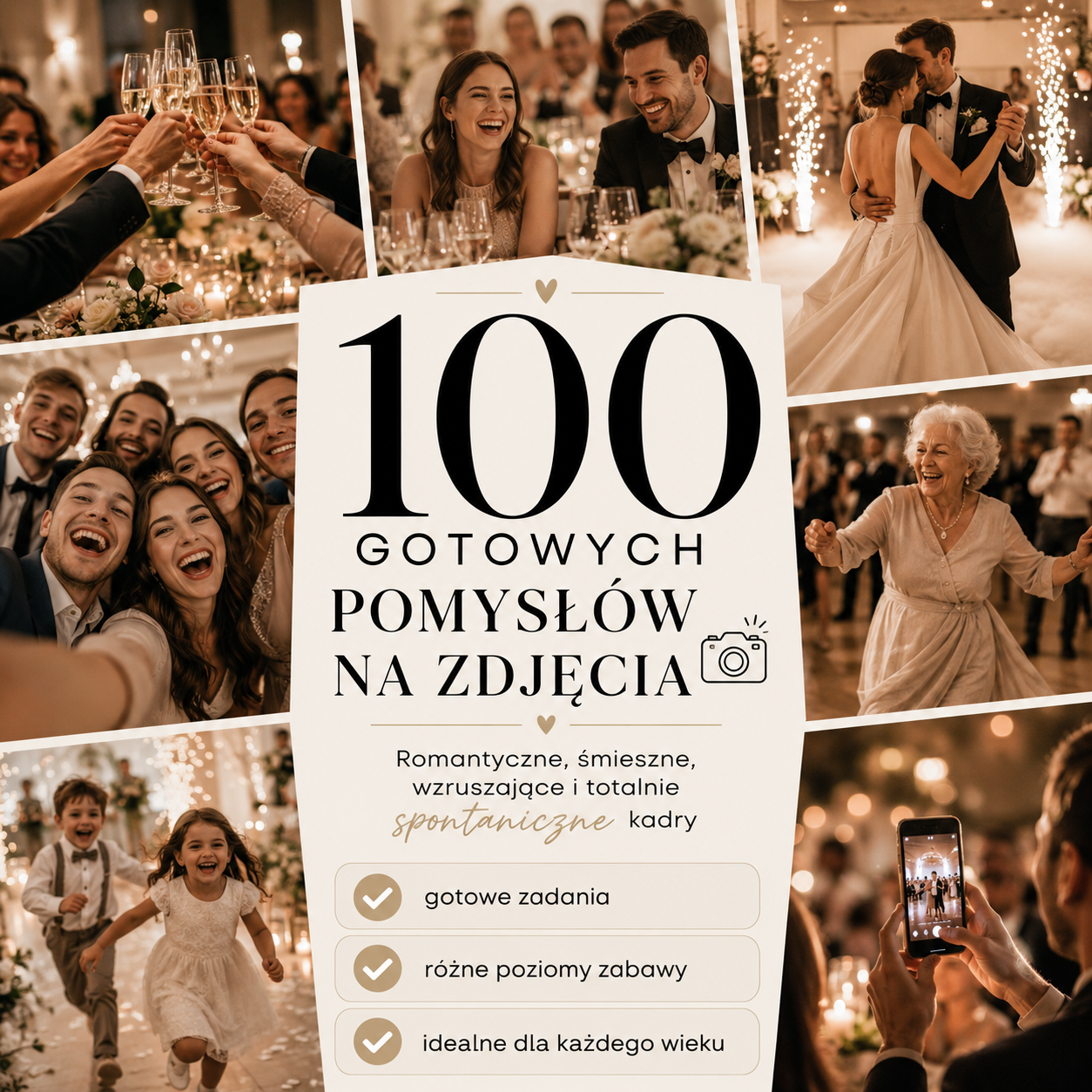 Kolaż zdjęć ślubnych przedstawiający propozycje zadań do gry Weselny Foto Challenge z napisem 100 pomysłów na zdjęcia.