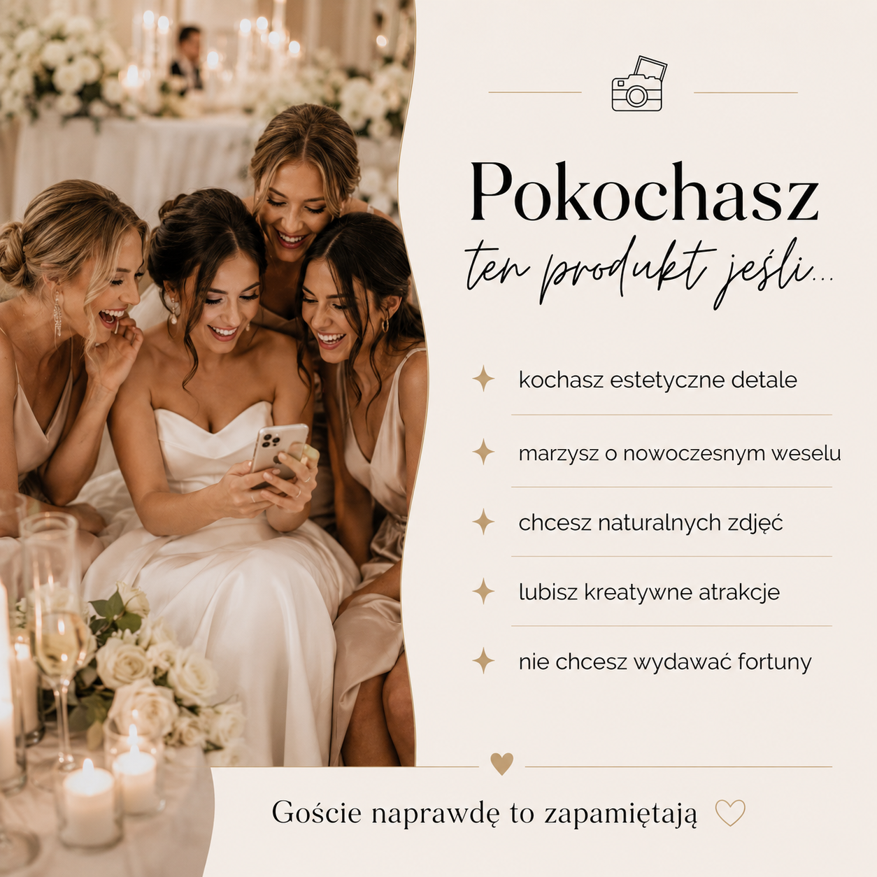 Panna młoda z druhnami oglądająca zdjęcia w telefonie obok listy zalet nowoczesnej atrakcji weselnej.