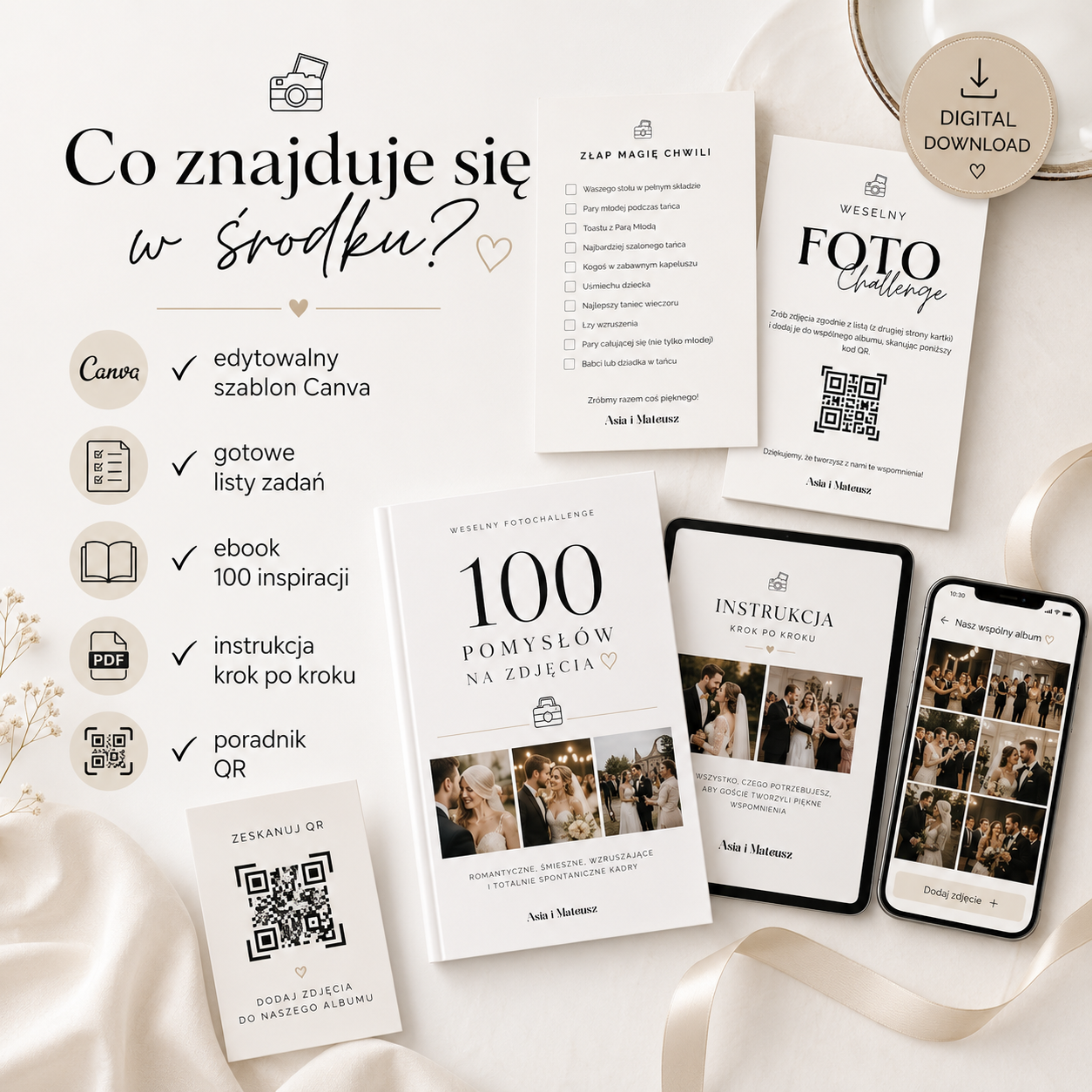 Elementy cyfrowego pakietu ślubnego Foto Challenge w tym e-book z inspiracjami, instrukcja pdf i makieta telefonu.