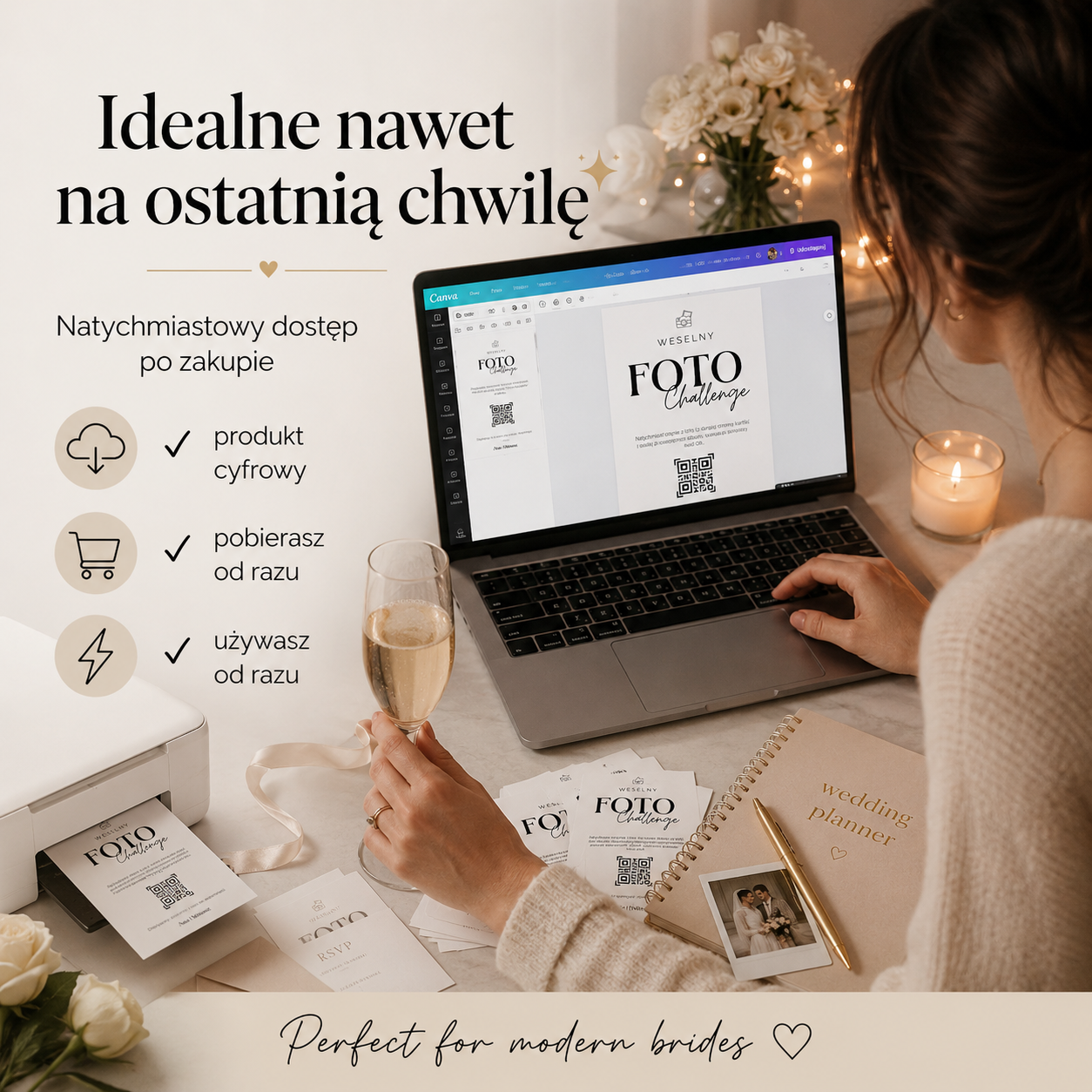 Kobieta edytująca szablon weselny na laptopie obok domowej drukarki drukującej karty Foto Challenge.