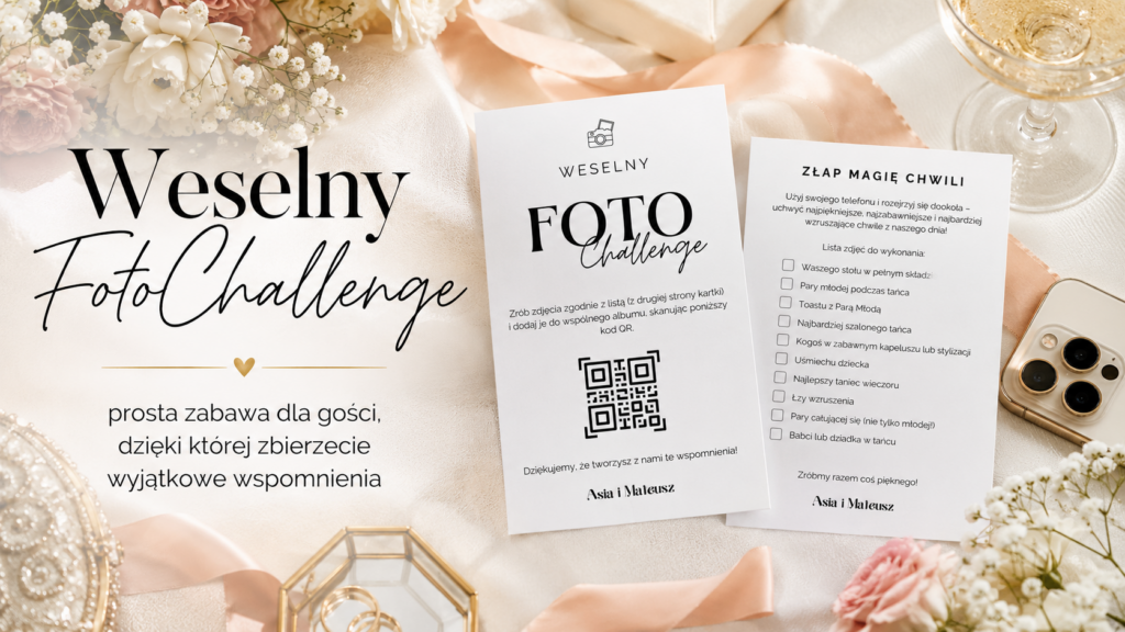 Weselny FotoChallenge – karty z zadaniami fotograficznymi dla gości weselnych, kodem QR i listą zdjęć do wykonania.